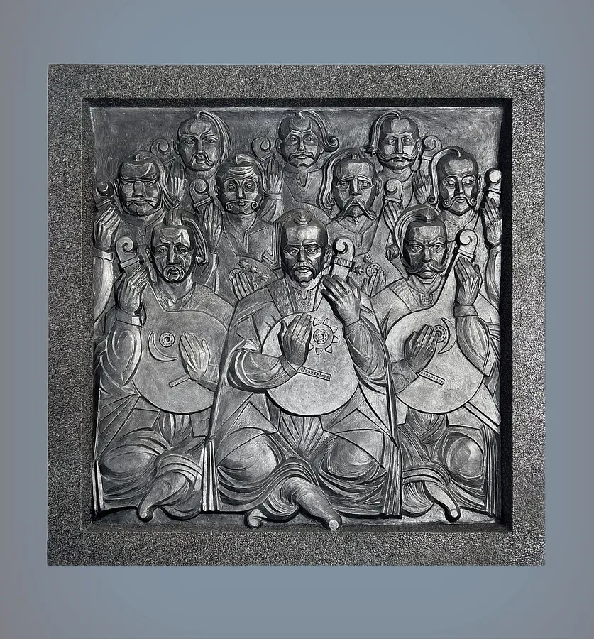 Image of RELIEF IN MEMORY OF EXECUTED KOBZARS by Roman Kykta, size: 580/580 мм, made of Plaster toned, wood, Sculpture Exhibition Plastic Art medium, from Lviv