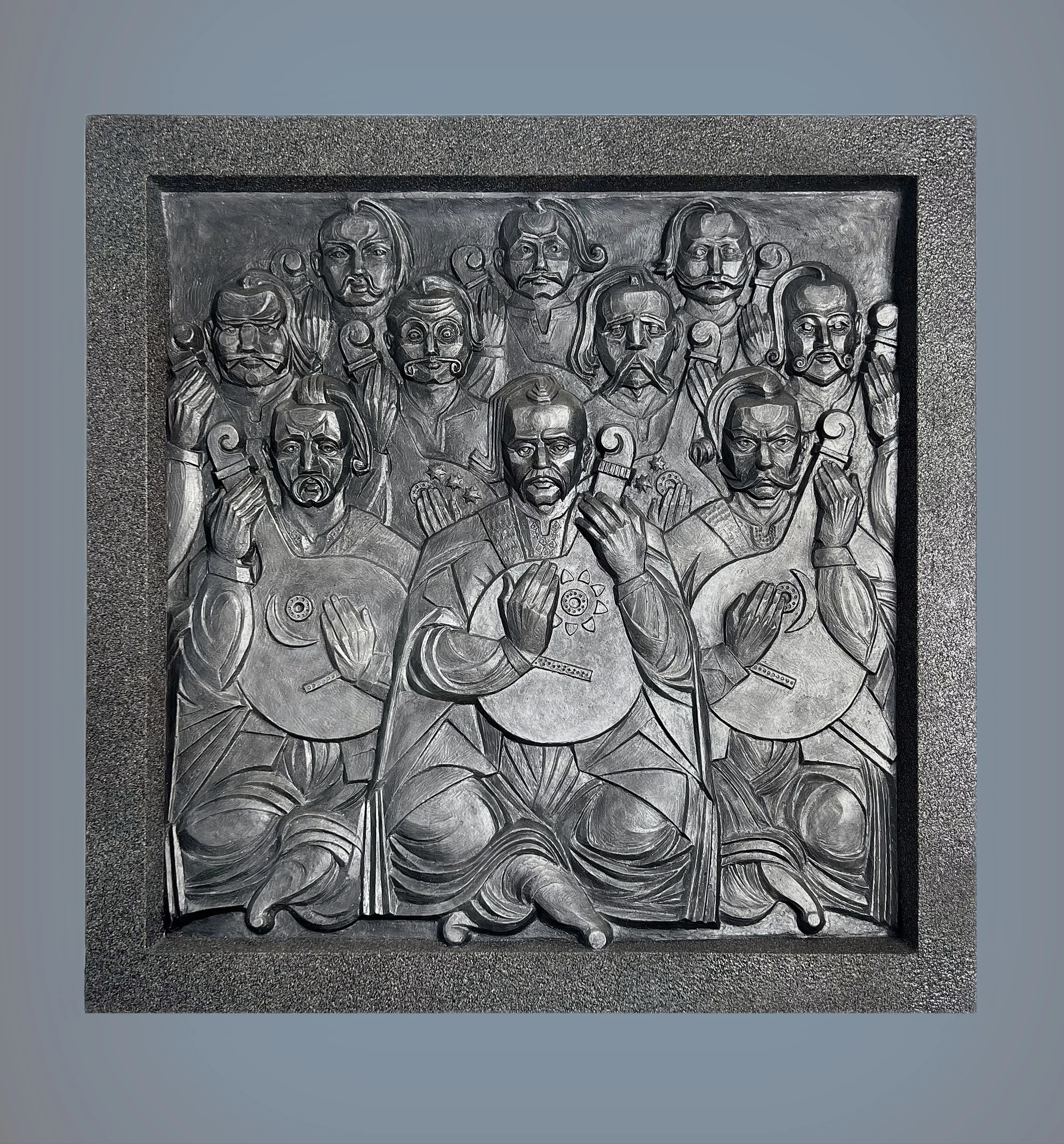Image of RELIEF IN MEMORY OF EXECUTED KOBZARS by Roman Kykta, size: 580/580 мм, made of Plaster toned, wood, Sculpture Exhibition plastic arts medium, from Lviv, priced at $5000 Photo 1 of 3.