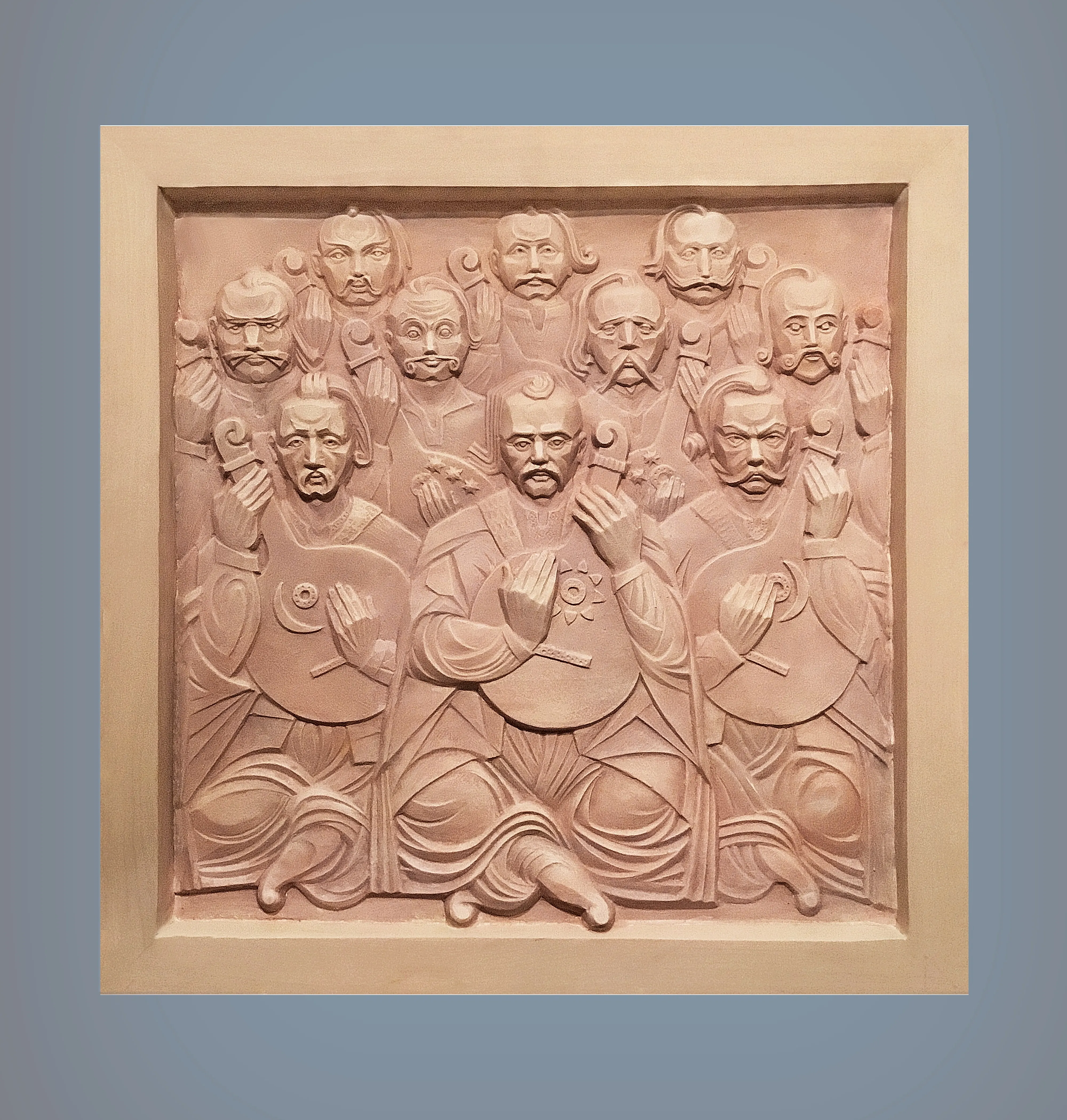 Image of RELIEF IN MEMORY OF EXECUTED KOBZARS by Roman Kykta, size: 580/580 мм, made of Plaster toned, wood, Sculpture Exhibition plastic arts medium, from Lviv, priced at $5000 Photo 2 of 3.
