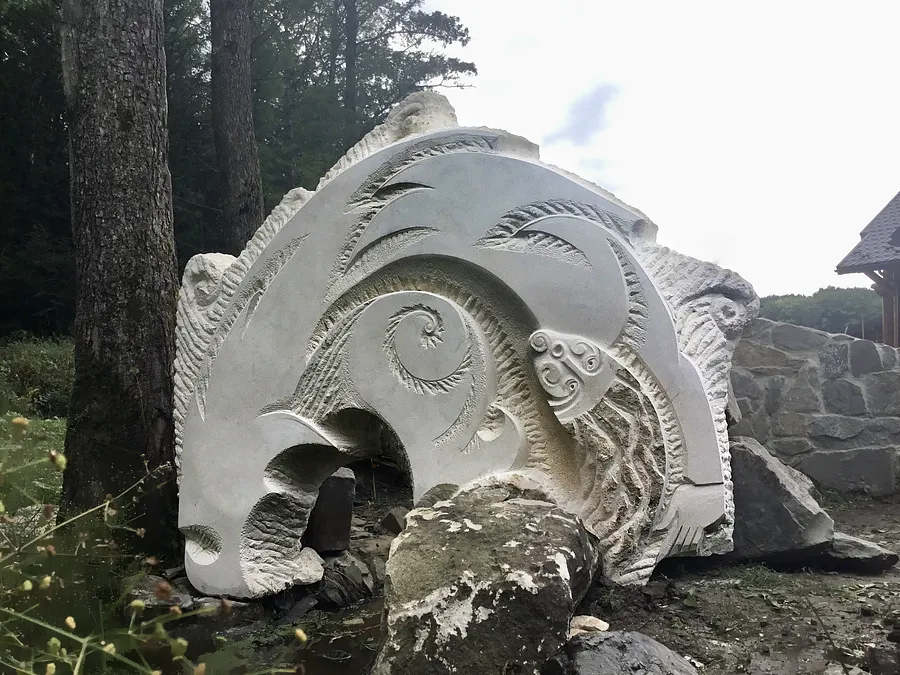 Image of SHE WHO ROWS THE RIVER by Roman Kykta, size: 2000/2300/550 мм, made of Limestone, Sculpture Symposiums medium, from Volya Yakubova village, Lviv region.