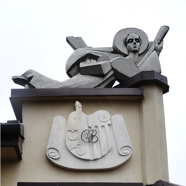 Image of Sculptural composition of a family talisman and coat of arms "ANGEL" by Roman Kykta, size: 2100/900/400 мм, 1000/900/200 мм, made of Marble crumb, limestone, Sculpture Monuments medium, from Lviv, 4b Zamkova Street