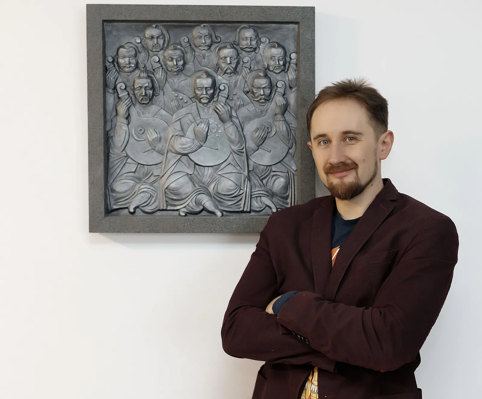 Image of RELIEF IN MEMORY OF EXECUTED KOBZARS by Roman Kykta, size: 580/580 мм, made of Plaster toned, wood, Sculpture Exhibition Plastic Art medium, from Lviv Photo 3 of 3.